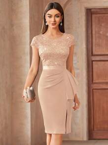 MIUSOL Elegant Contrast Lace Sequin Insert Ruffle Trim Ruched Wrap Hem Bodycon Dress,Semi Formal Women Dress,For Cocktail Party,Vacation, Graduation, Dinner - Champagne - View 4