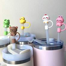 1/4/8 Pcs Portable Cute Animal Silicone Straw Lid, Frog, Rabbit, Duck, Raccoon, Chicken Straw Cover, 10mm/0.4" Reusable Straw Cap Accessories, Valentine's Day Decoration, Kids Party Gift, Back To School Supplies