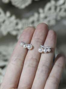 Maisielin 优雅奢华纯银耳环，非常适合婚礼、周年纪念、生日、情人节礼物 - 大钻石耳环，S925 纯银镶嵌珍珠和方晶锆石，纯银无电镀，防过敏 - 耳環 - 查看 4