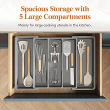 Utensil Organizer Kitchen Drawers, Expandable Cooking Utensil Tray, Adjustable Cutlery Silverware Flatware Holder, Plastic Kitchen Spatula Tools And Gadgets Storage Divider, Large, Black - Grey - View 4