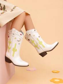Girls Cowboy Boots Square Toe Western Boots With Low Heel - White - View 3