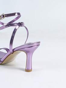 Spring/Summer Women's Solid Color Fashionable High Heel Sandals, Purple Heels With Ankle Strap, Thin Heels, Open-Toe Criss-Cross Strap Sandals, Elegant Versatile Party Shoes - Purple - View 8