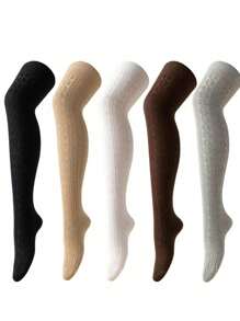 Solid Color Cable Knit Knee High Socks, Suitable For Pairing With Mini Skirts, Cozy - White - View 18