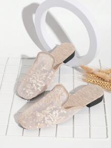 Women's Black & Champagne Closed Toe Mule Slippers, Mid-Heel, Fashion Hollow Breathable Mesh Embroidered Slip-On Sandals, Suitable For Dresses, Flat Casual Slide Sandals