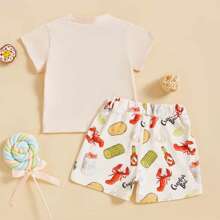 Kids Summer Outfit, Short Sleeve Crew Neck Embroidery T-Shirt With Lobster Print Shorts Clothing Set - trắng - Xem 5