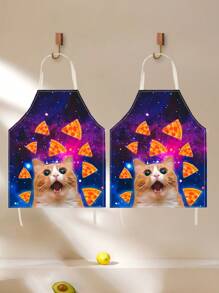 1 pieza Delantal de babero con estampado de gato espacio pizza meme creativo y de moda, unisex, para mujeres, hombres, chef, cocina, divertido, animal, horneado