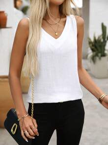 女士高档亚麻休闲衬衫、无袖上衣 - 白色 - 查看 3