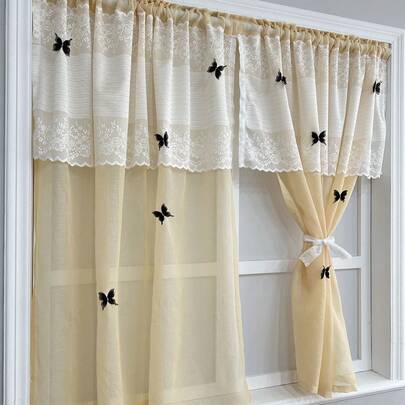 1pc Khaki Sheer Lace Curtain With Black Butterfly And Floral Pattern - Classic Princess Style, Suitable For Kitchen, Small Windows, Cafes And Door Decoration, Sheer And Washable With Rod Pocket