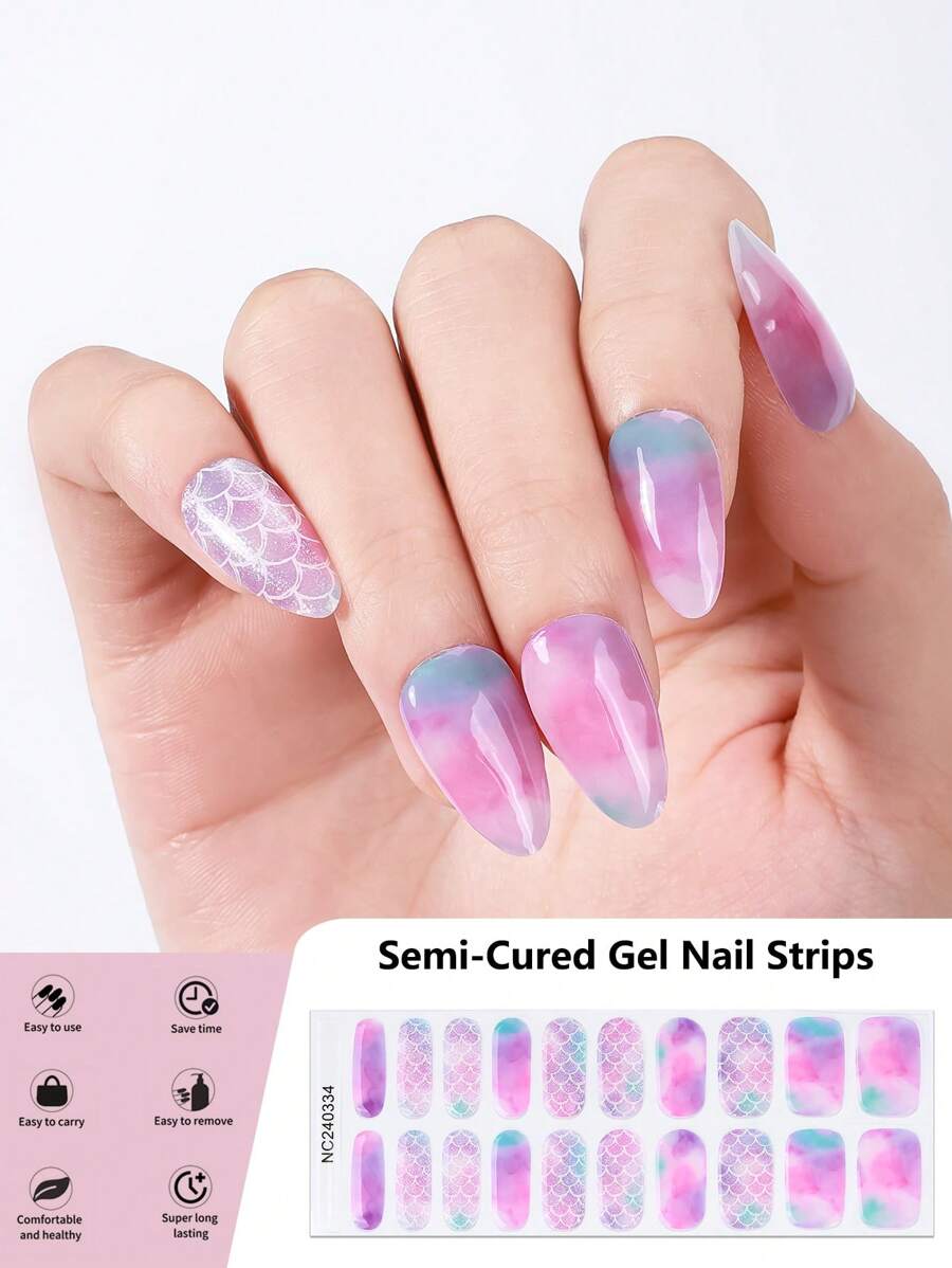 20 件半固化凝胶指甲贴纸，春夏款粉色美人鱼海妖水晶指甲自粘式全套指甲套装附带 1 个指甲锉，需要紫外线灯，易于涂抹和去除，适合女性和女孩日常 DIY 使用美甲用品 - 彩色 - 查看 1