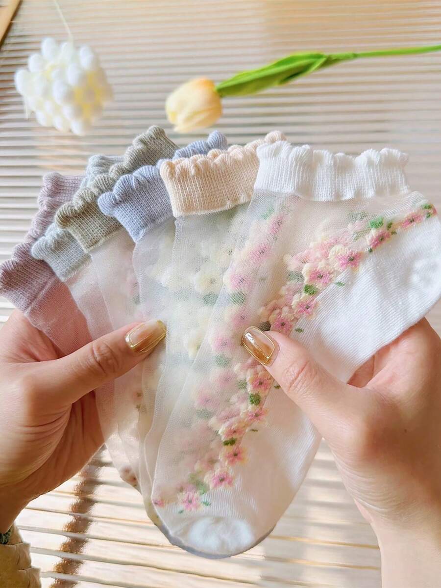5 双白色女式花卉图案透明袜子，透气轻薄吸湿排汗，适合夏季 - 彩色 - 查看 1