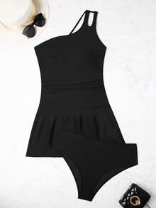 2pcs/Set New Cross-Border Swimwear, One Shoulder High Elasticity Tankini With Adjustable Strap And Mini Skirt Summer - Black - View 5