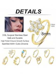 IRONBOX 9Pcs Stainless Steel Nose Ring Hoop Stud Paved CZ Leaf Flower Crawler Nose Ear Cartilage For Women Nose Ear Piercing Hoop