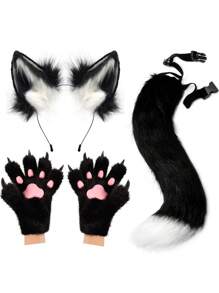 Fox Wolf Ears Headband Furry Tail Plush Cat Paw Mittens Gloves Set Halloween Party Cosplay Costumes Accessories, Rave