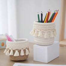 简约复古风格流苏装饰桌面收纳篮，小笔筒，创意家居收纳盒，适合返校季