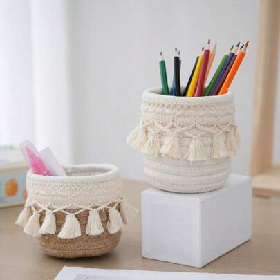 Portapenne da scrivania semplice in stile vintage con decorazione a nappe, piccolo contenitore, organizer domestico creativo, per il ritorno a scuola