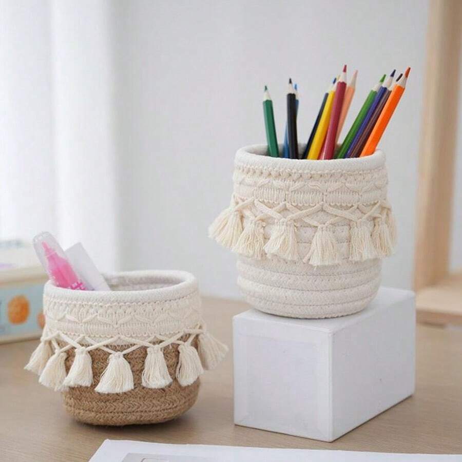 简约复古风格流苏装饰桌面收纳篮，小笔筒，创意家居收纳盒，适合返校季