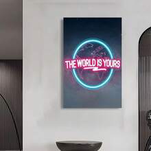Framed  Room Decor  Of Artwork, The World Is Yours, Neon Style Canvas Print Poster, Wall Mural Decoration, Unique Creative Wall Art Decor, Suitable For Living Room, Bedroom, Office, Dining Room, Bar Wall Decoration, Waterproof, Printed, Artwork, Perfect Gift And Decoration Birthday Party Decor, Mother's Day New Year Easter Gift,  Home Living Room Office Wall Decor, Perfect Gift And Wall Decoration - Framed - View 5