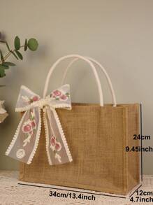 1pc Burlap Tote Bag With Lace Ribbon And Handle Shopping Bag,Beach Bag Holiday Gift For Loved Ones Jute Gift Handbags For Wedding ,Bridesmaid,Grocery Shopping,Women Brithday Party