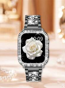 1件/套黑色苹果手表表带+苹果手表表壳，男女通用，闪亮水钻金属表带+闪亮水钻保护壳，苹果手表表带+苹果手表表壳，兼容 Ultra/10/9/8/7/6/5/4/3/SE，适用于49mm/46mm/45mm/44mm/42mm（Series 10）/42mm/41mm/40mm/38mm，双排闪亮水钻保护套，时尚表带，苹果手表表带+苹果手表表壳