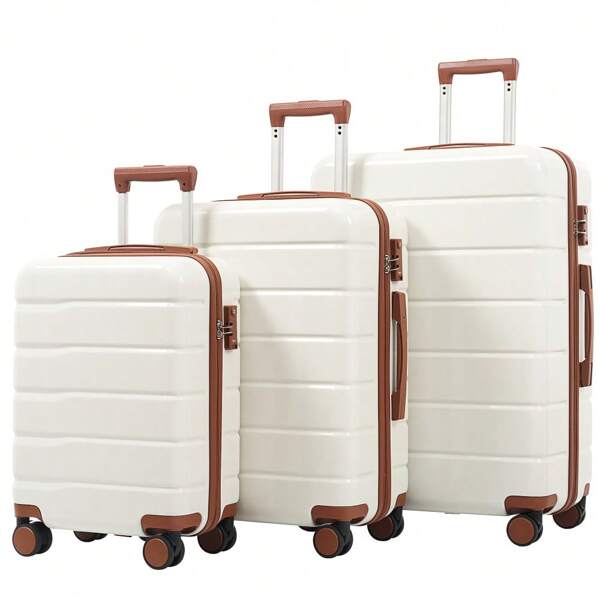 Valise M-L-XL, 3 pièces (20, 24 et 28 pouces), en ABS et PC, avec doubles roulettes pivotantes à 360°, serrure TSA et compartiments intérieurs. Idéale pour les voyages en famille ou . Blanc.