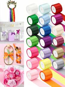 20 Rolls Of 4cm Width Polyester Satin Ribbon, 20 Different Colors Combination, For Flower Wrapping, DIY Hair Accessories, Party Decoration, Wedding & Event Decorations - Ribbon - View 2