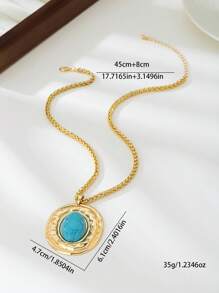 1 chiếc dây chuyền dạng mắt xích hình bầu dục bằng hợp kim kim loại đính đá giả ngọc lam, mạ vàng/bạc - Thích hợp cho nữ đeo hàng ngày. - vàng + xanh ngọc - Xem 2
