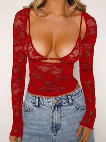 Women Floral Lace Tops Low Cut Sheer Long Sleeve Pullovers Fitted Crop Shirt With Bra Summer Streetwear Clubwear - 紅色 - 查看 3