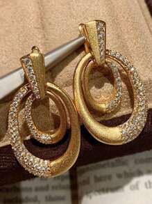 1 pieza Pendientes ovalados con strass en estilo vintage italiano, joyas de oreja europeas de lujo de doble capa, adecuados para uso diario, fiestas, vacaciones, como regalo para mujeres