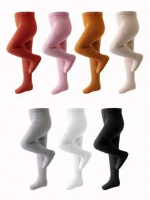 7pcs/Pack Baby Girls' Solid Color Elastic Leggings, Minimalist Style, Suitable For Spring & Autumn, Infant Tights - Multicolor - View 4