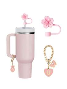 兼容 杯配件 1 件黑粉色吸管盖，用于杯吸管盖，1 件可爱心形字母和圆形字母饰物，适用于 30&40 盎司带手柄玻璃杯，字母饰物配件的长度为 3.94 英寸。个性化字母配件