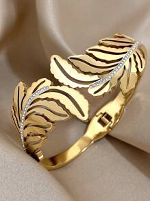 1 pièce Bracelet épais ajouré en forme de feuille pour femmes, bracelet jonc doré en acier inoxydable. Bracelets pour usage quotidien, fête, anniversaire, Noël, cadeaux de bijoux - Multicolore - Voir 4