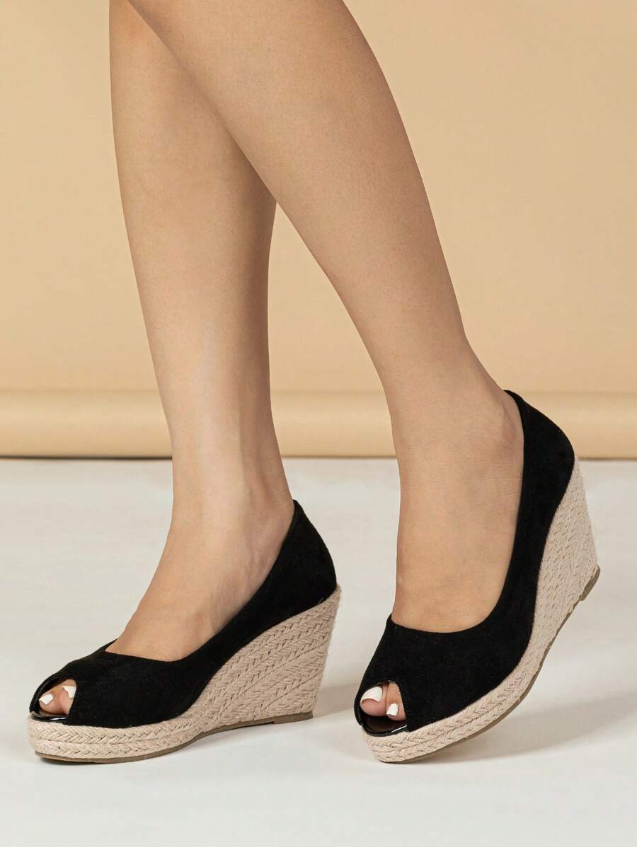 2025 年春夏女士时尚舒适坡跟编织厚底露趾凉鞋 - 黑色 - 查看 1