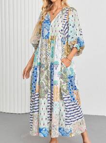 Vestido largo bohemio de mujer con mangas farol, cuello en V, corbata, bolsillos y estampado de retazos aleatorios