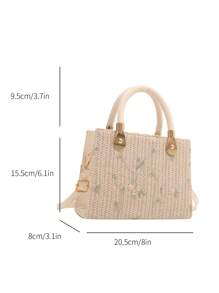 1 件女士纯色纹理刺绣石头图案手提包、单肩包和斜挎包，带拉链开合，最佳母亲节礼物 - 米色 - 查看 4