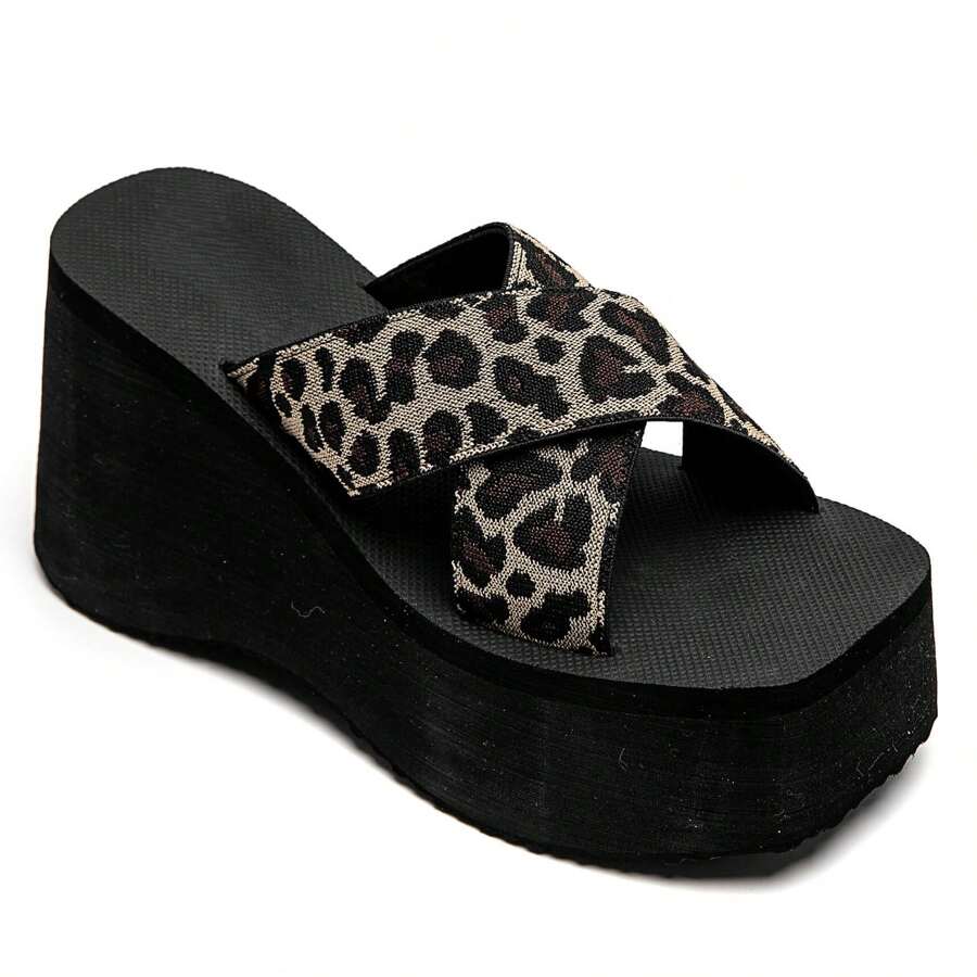 Platform Wedge Sandals With Wide Double Straps In Leopard - LEOPARD - View 1