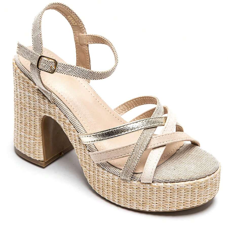 Women's High Platform Sandals With Block Heels And Ankle Strap - Khaki - View 1