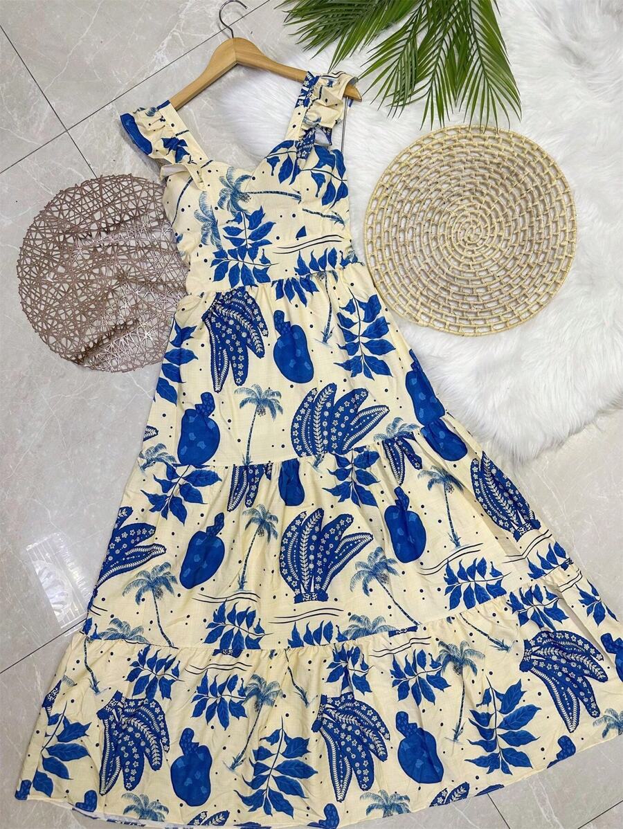 vestido longo ESTAMPA com forro com bojo tecido CREPINHO bonito fashion - Azul Empoeirado - Visão 1