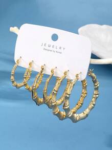 6pcs Gold Bamboo Hoop Earrings, Suitable For Daily Wear