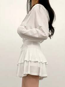 韩版优雅长袖夹克和高腰蛋糕裙运动休闲两件套套装 - 白色 - 查看 7