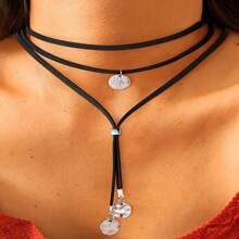 1 Pc European & American Minimalist Velvet Ribbon Adjustable Round Pendant Necklace - Black - View 5