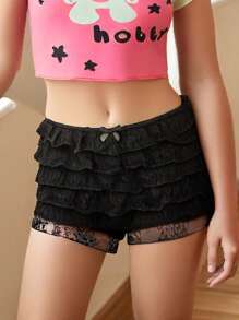 Women's Lace Bloomers Shorts Mini Bow Low Waist Tiered Ruffled Bodycon Short Pants