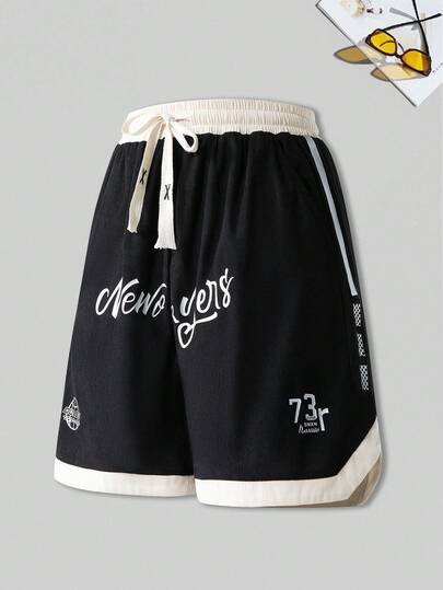 Men's Summer Letter Print Drawstring Waist Sports Shorts, Suitable For Workout And Casual Outings