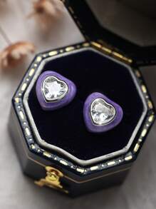 1 对独特迷人的银色方晶锆石心形耳钉，适合女士，时尚银耳环，适合派对、生日、订婚、结婚纪念日的礼物 - 紫色 - 查看 8