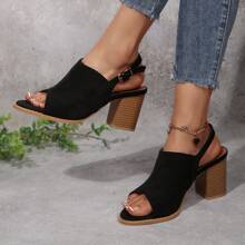 Women's Black Chunky Heel Square Toe Strap Fishmouth Platform Sandals, Versatile And Height-Increasing