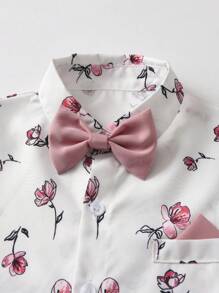 BOARNSEORL 2pcs Baby Boys Gentleman Outfit, Printed Shirt With Bow Tie And Overalls Shorts, Fashionablntic For Birthday Party, Valentine's Day