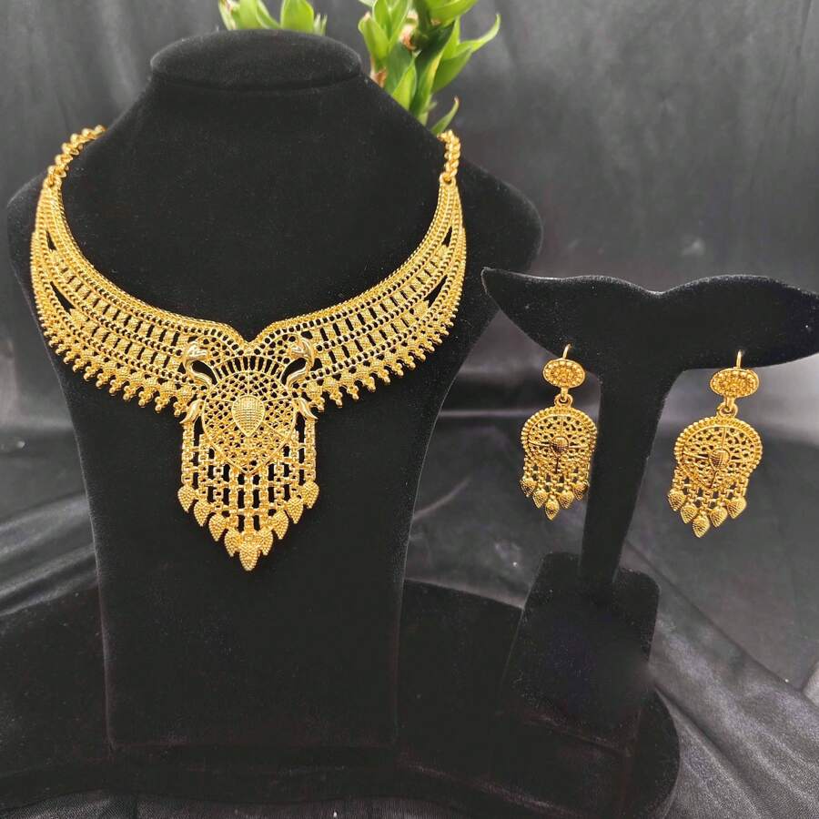 1 套 2 件首饰套装：1 条项链和 2 件耳环，迪拜风格新娘首饰套装，欧洲和非洲新娘婚礼首饰 - 金黃色 - 查看 1