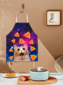 1 pieza Delantal de babero con estampado de gato espacio pizza meme creativo y de moda, unisex, para mujeres, hombres, chef, cocina, divertido, animal, horneado