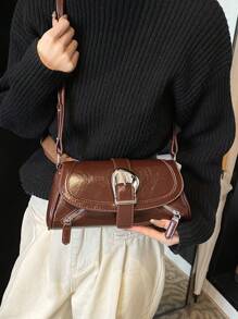 1pc Coffee PU Motorcycle Crossbody Bag, Niche Chic Sweet Hot Girl Design Shoulder Bag, High-End Quality Versatile Baguette Handbag