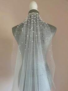 Velo nupcial de capa única de malla de nailon, accesorio de boda, diseño de red hueca con peine de cabello plano, decorado con perlas artificiales y brillantes rhinestones