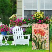 1 Pieza Bandera de jardín de lino de 12x18 pulgadas, con diseño de nido novedoso que presenta flores de bienvenida con mariposas. Diseño para decoración de primavera y verano, decoración rústica de campo, decoración del hogar, decoración exterior, decoración floral de jardín, doble cara vertical, soporte de bandera no incluido